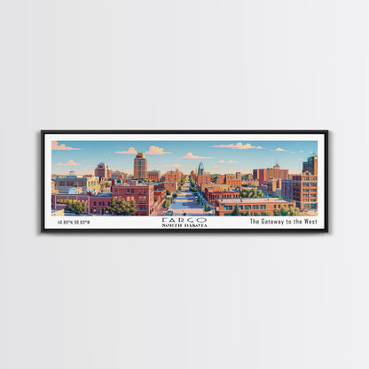 Fargo North Dakota Panoramic Painting, Mid Century Modern Framed Canvas Print, Retro Pop Art Travel Poster, City Wall Art