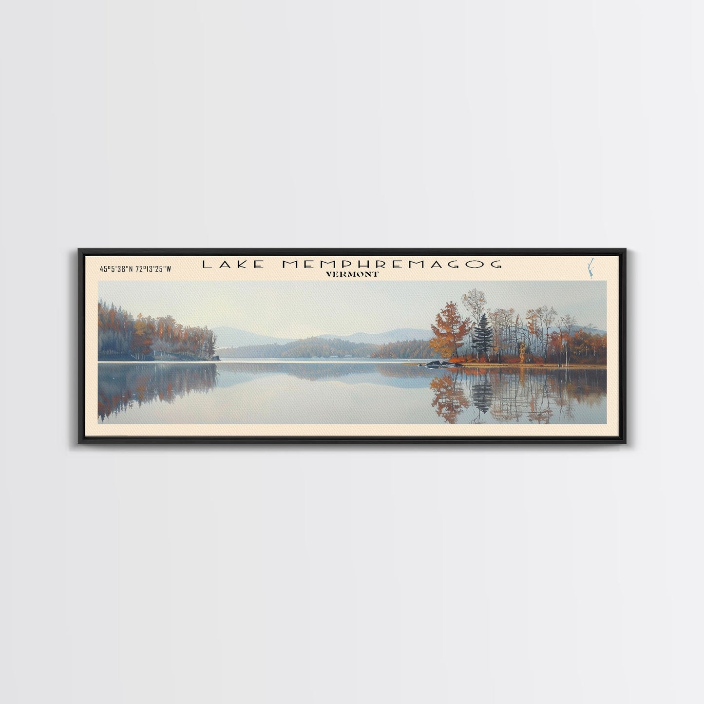 Lake Memphremagog Vermont Framed Canvas Print, Lake House Decor, Panoramic Wall Art, Travel Poster, Beautiful Landscape Painting, Bedroom Decor