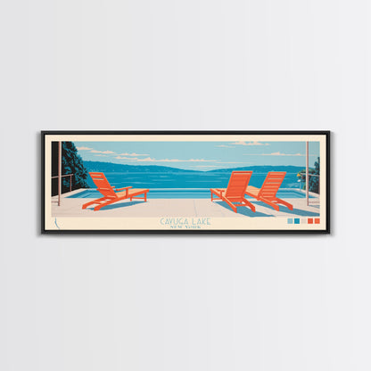 Cayuga Lake New York Framed Canvas Print, Pop Art Panoramic Travel Poster, Midcentury Modern, Wall Art, Scenic Nature Painting, Bedroom Decor, Living Room Art
