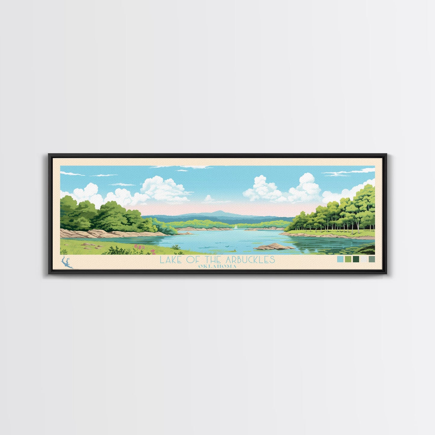 Lake of the Arbuckles Oklahoma Framed Canvas Print, Panoramic Wall Art, Midcentury Modern, Pop Art, Bedroom Art, Travel Poster, Lake House Decor