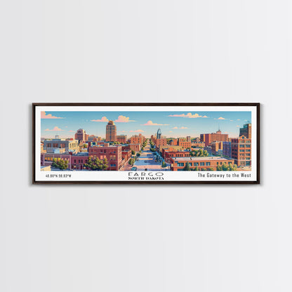 Fargo North Dakota Panoramic Painting, Mid Century Modern Framed Canvas Print, Retro Pop Art Travel Poster, City Wall Art