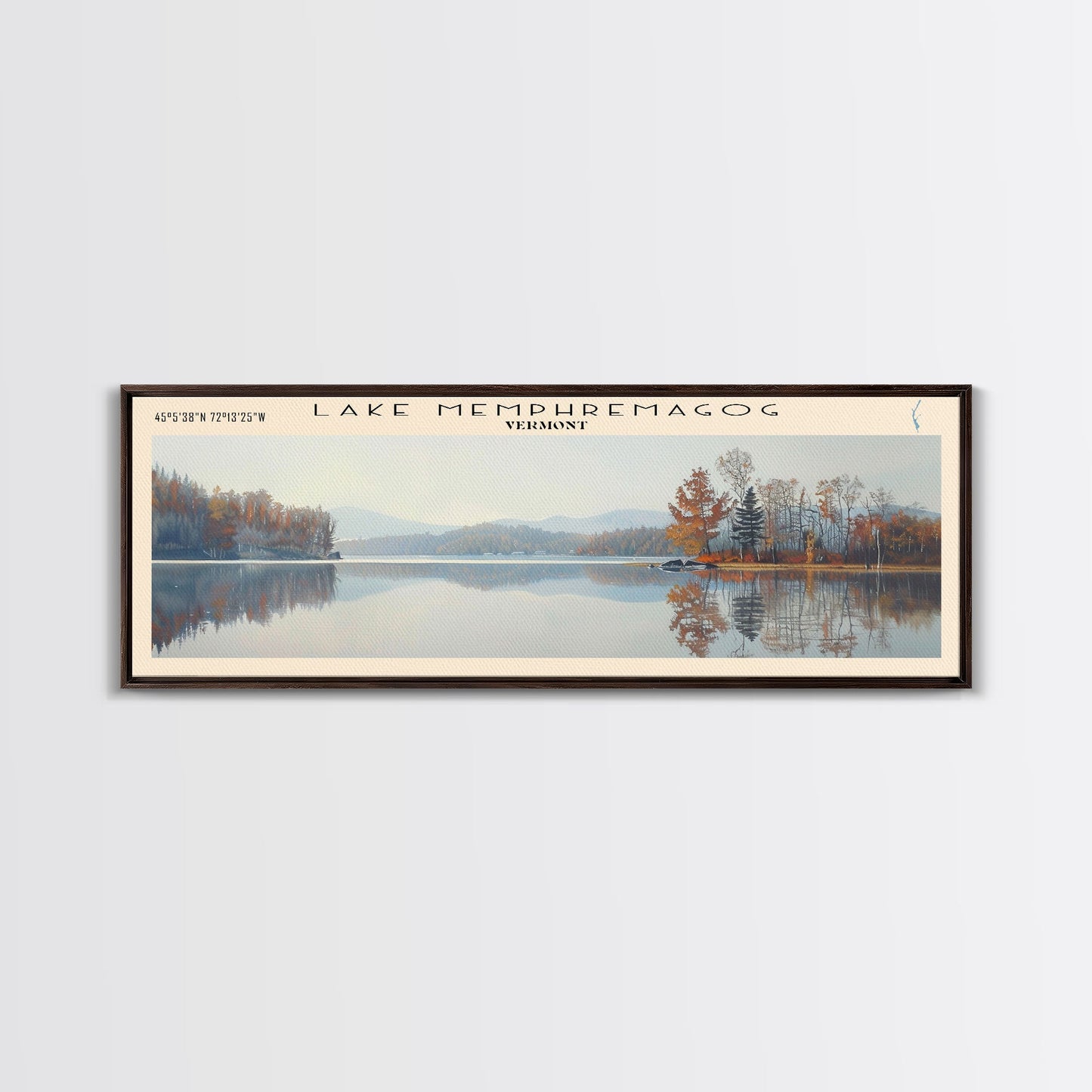 Lake Memphremagog Vermont Framed Canvas Print, Lake House Decor, Panoramic Wall Art, Travel Poster, Beautiful Landscape Painting, Bedroom Decor
