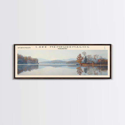Lake Memphremagog Vermont Framed Canvas Print, Lake House Decor, Panoramic Wall Art, Travel Poster, Beautiful Landscape Painting, Bedroom Decor