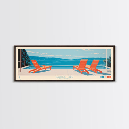 Cayuga Lake New York Framed Canvas Print, Pop Art Panoramic Travel Poster, Midcentury Modern, Wall Art, Scenic Nature Painting, Bedroom Decor, Living Room Art