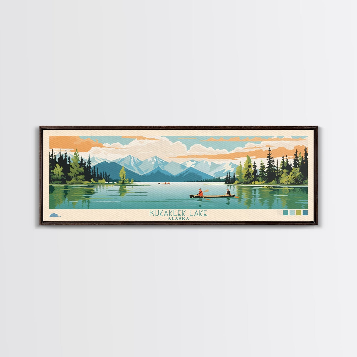 Kukaklek Lake Alaska Framed Canvas Print, Panoramic Wall Art, Midcentury Modern, Pop Art, Living Room Decor, Travel Poster, Bedroom Art