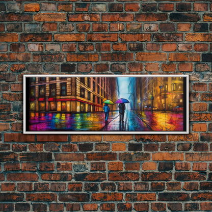 Colorful Umbrellas City Canvas Print, Large Urban Art Print, Two People Walking On Street, Vibrant Art, Panoramic, Wall Art, Canvas Print