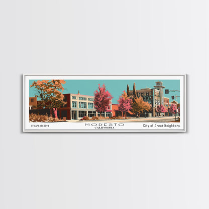 Modesto California Panoramic Wall Art, Mid Century Modern Framed Canvas Print, Retro Pop Art Travel Poster, Office Decor, Living Room Art