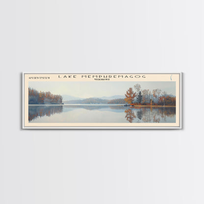 Lake Memphremagog Vermont Framed Canvas Print, Lake House Decor, Panoramic Wall Art, Travel Poster, Beautiful Landscape Painting, Bedroom Decor