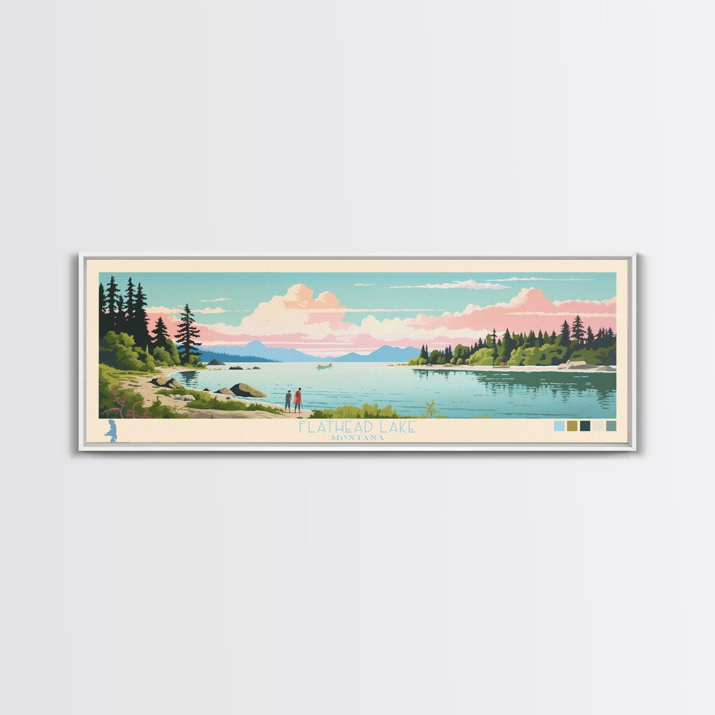 Flathead Lake Montana Framed Canvas Print, Panoramic Art, Midcentury Modern, Pop Art, Living Room Wall Art, Travel Poster, Lake View, Home Decor