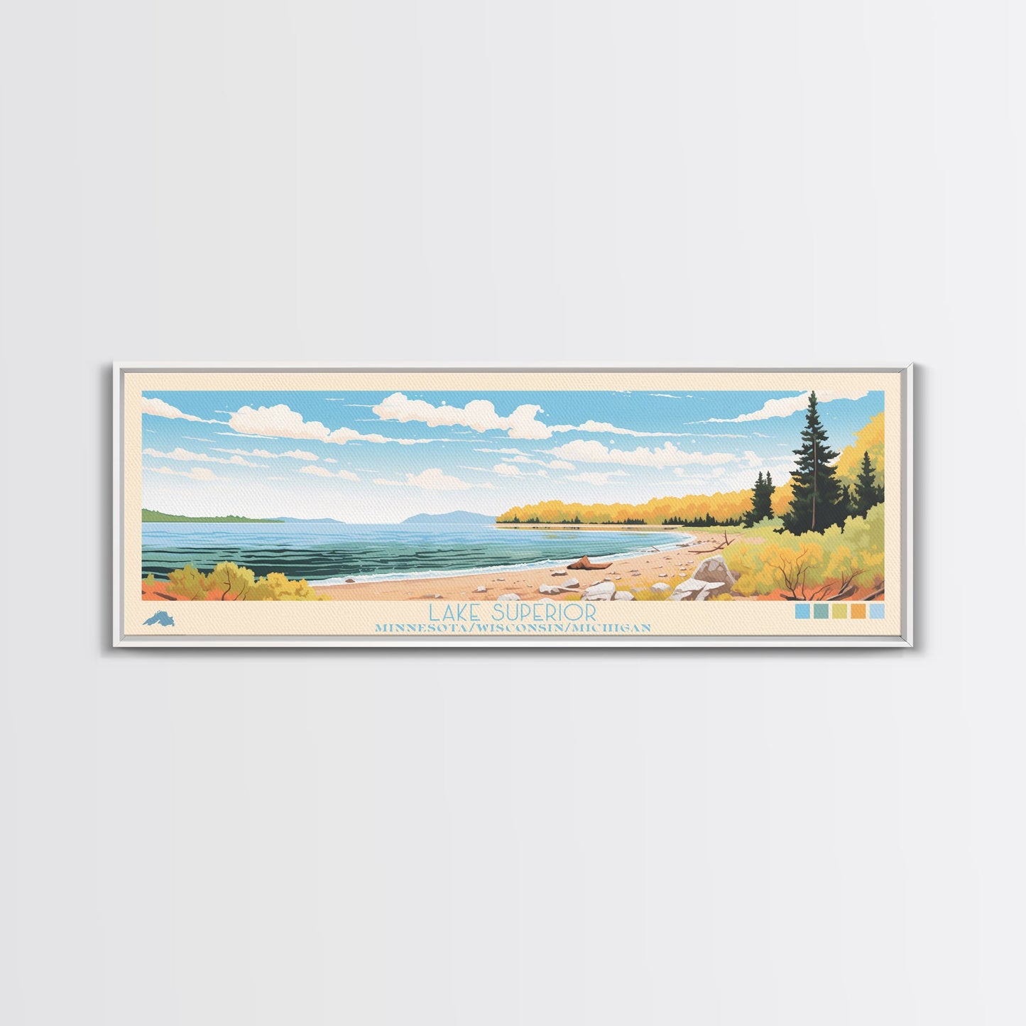 Lake Superior MinnesotaWisconsinMichigan Framed Canvas Print, Panoramic Wall Art, Midcentury Modern, Pop Art, Living Room Decor, Travel Poster, Lake House Art