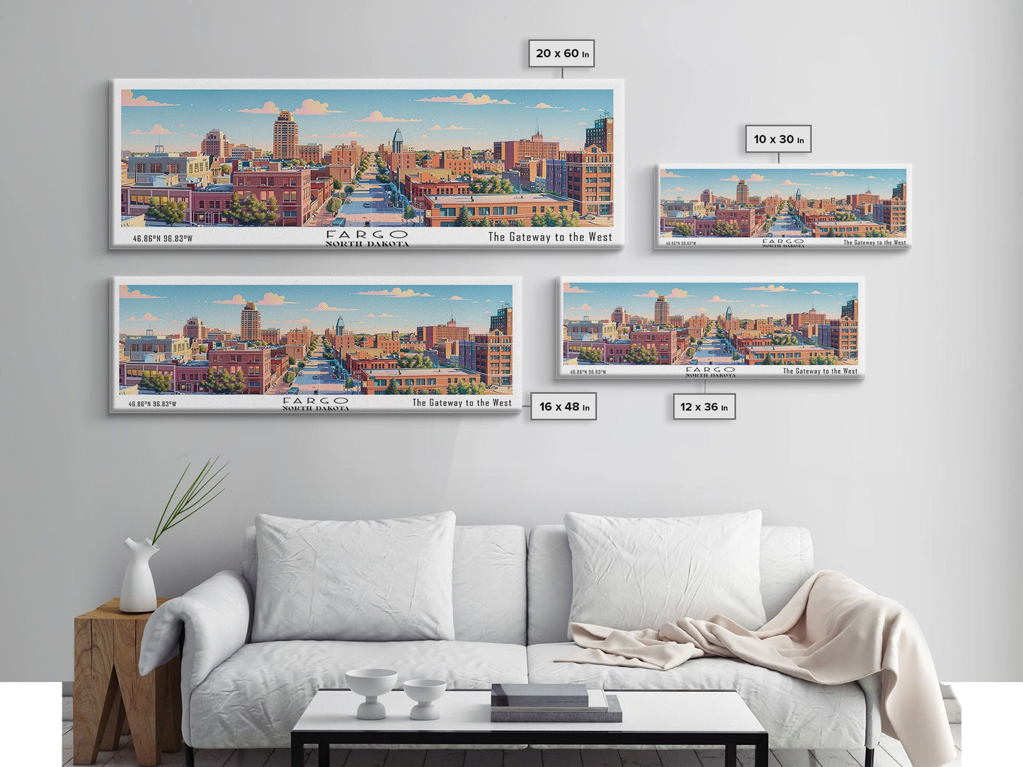 Fargo North Dakota Panoramic Painting, Mid Century Modern Framed Canvas Print, Retro Pop Art Travel Poster, City Wall Art