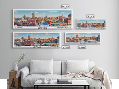 Fargo North Dakota Panoramic Painting, Mid Century Modern Framed Canvas Print, Retro Pop Art Travel Poster, City Wall Art