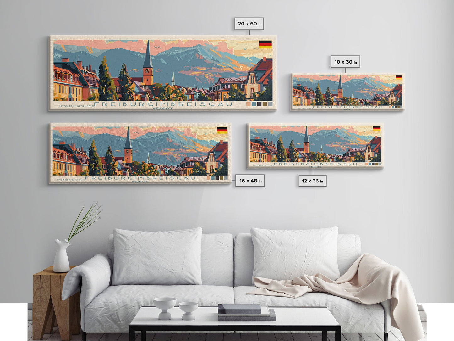 Freiburg Germany Panoramic Travel Poster, Framed Canvas Print or Metal Wall Art, Travel Art, Home Decor, Panoramic Painting, Midcentury Art