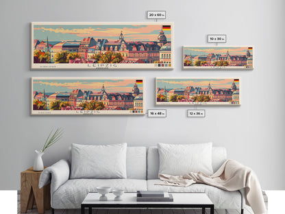 Leipzig Germany Panoramic Travel Poster, Framed Canvas Print or Metal Wall Art, Travel Art, Home Decor, Panoramic Painting, Midcentury Art