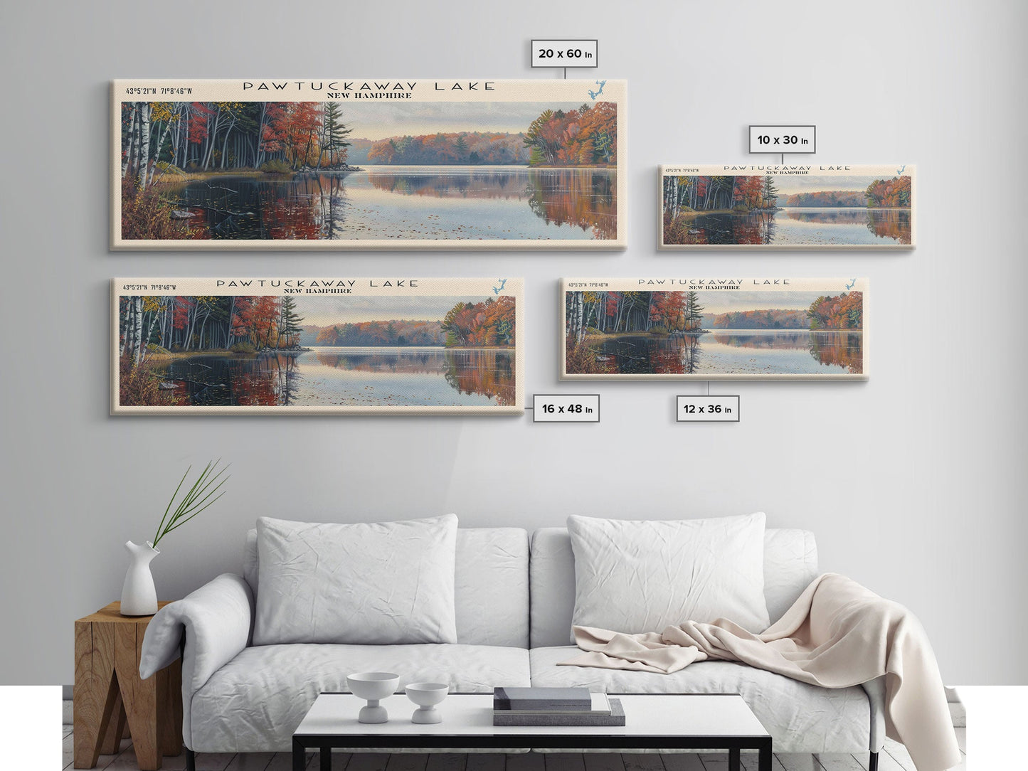 Pawtuckaway Lake New Hampshire Framed Canvas Print, Lake House Decor, Panoramic Wall Art, Travel Poster, Beautiful Landscape Painting, Living Room Decor