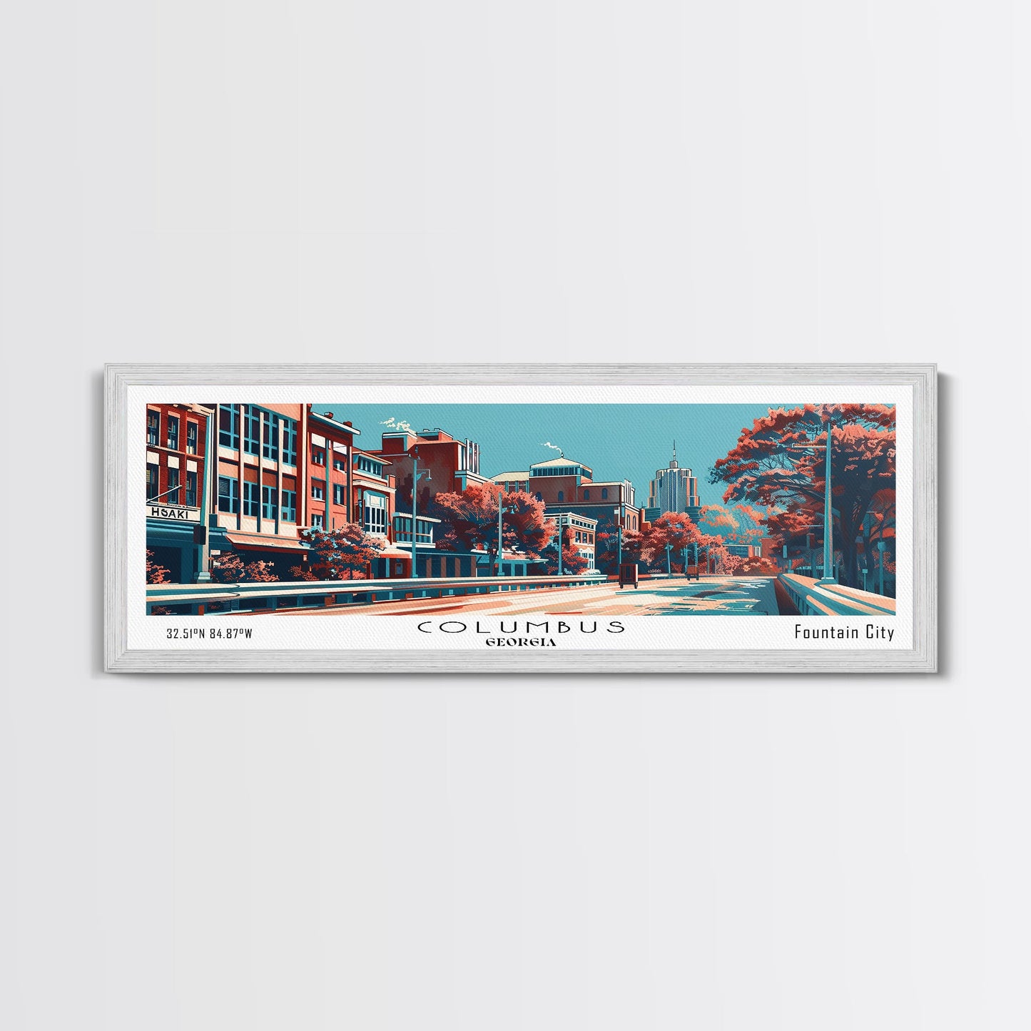 Columbus Georgia Panoramic Painting, Framed Canvas Print, Mid Century Modern Wall Art, Retro Pop Art Travel Poster, Home Decor, City Art