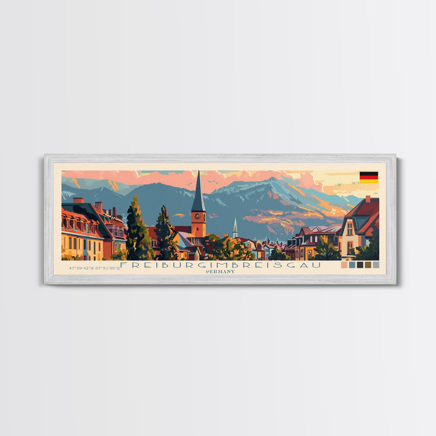 Freiburg Germany Panoramic Travel Poster, Framed Canvas Print or Metal Wall Art, Travel Art, Home Decor, Panoramic Painting, Midcentury Art