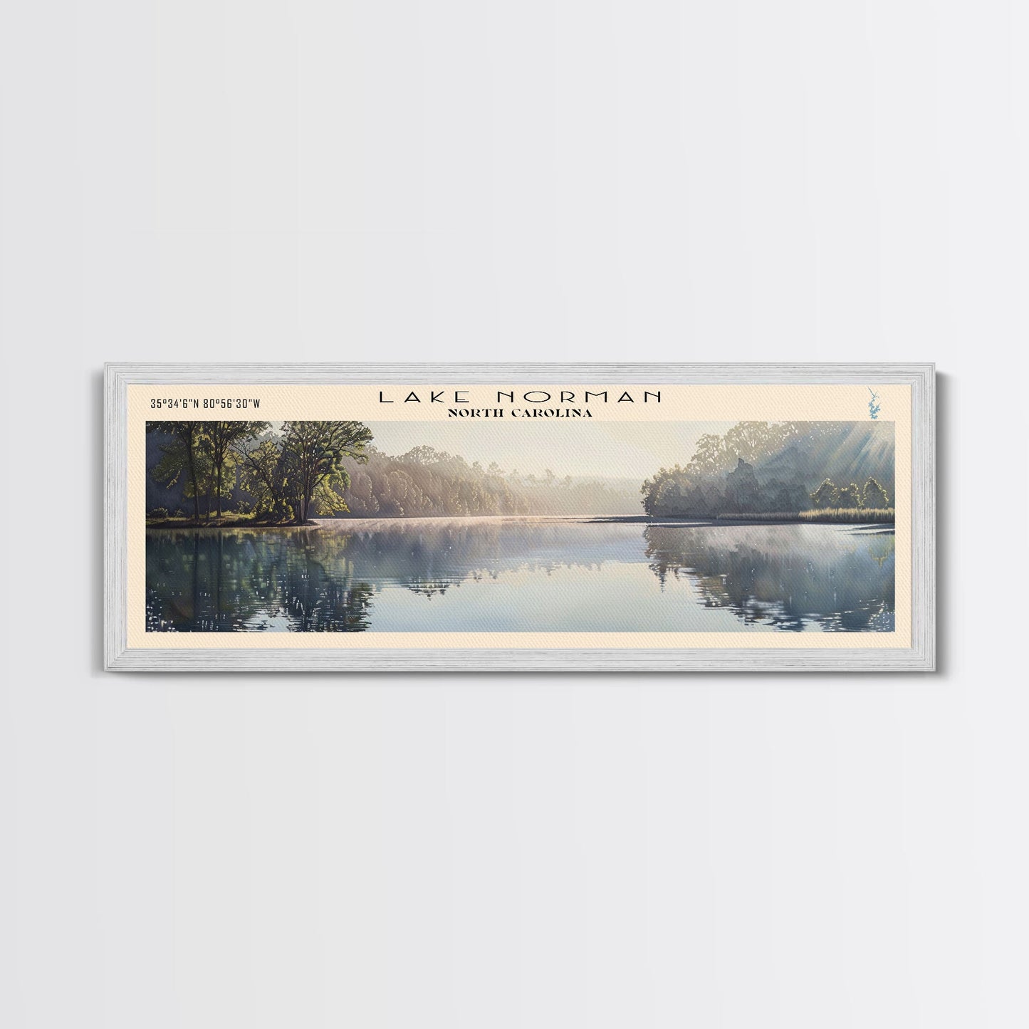 Lake Norman North Carolina Framed Canvas Print, Lake House Decor, Panoramic Wall Art, Travel Poster, Scenic Landscape Painting, Contemporary Art