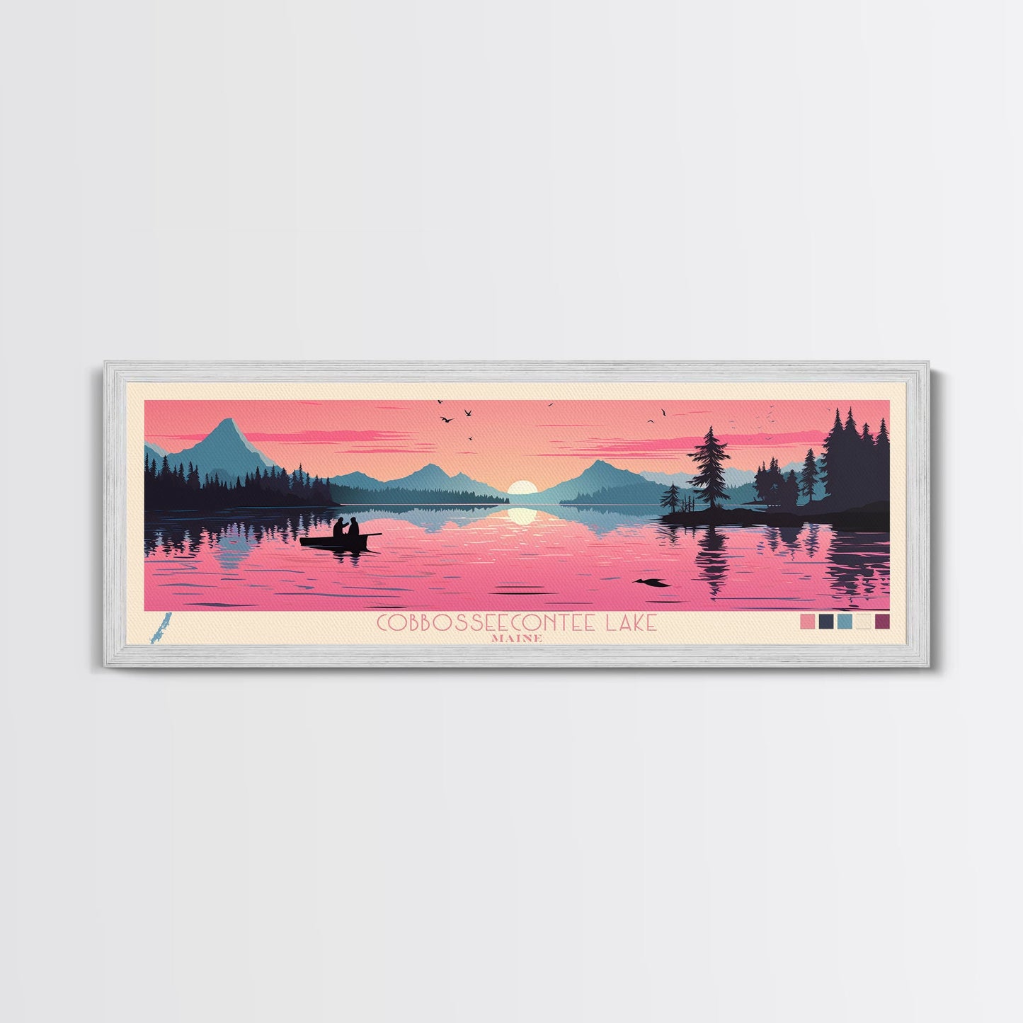 Cobbosseecontee Lake Maine Framed Canvas Print, Midcentury Modern Panoramic Wall Art, Living Room Decor, Pop Art, Travel Poster Art, Scenic Nature Painting, Lake House Decor