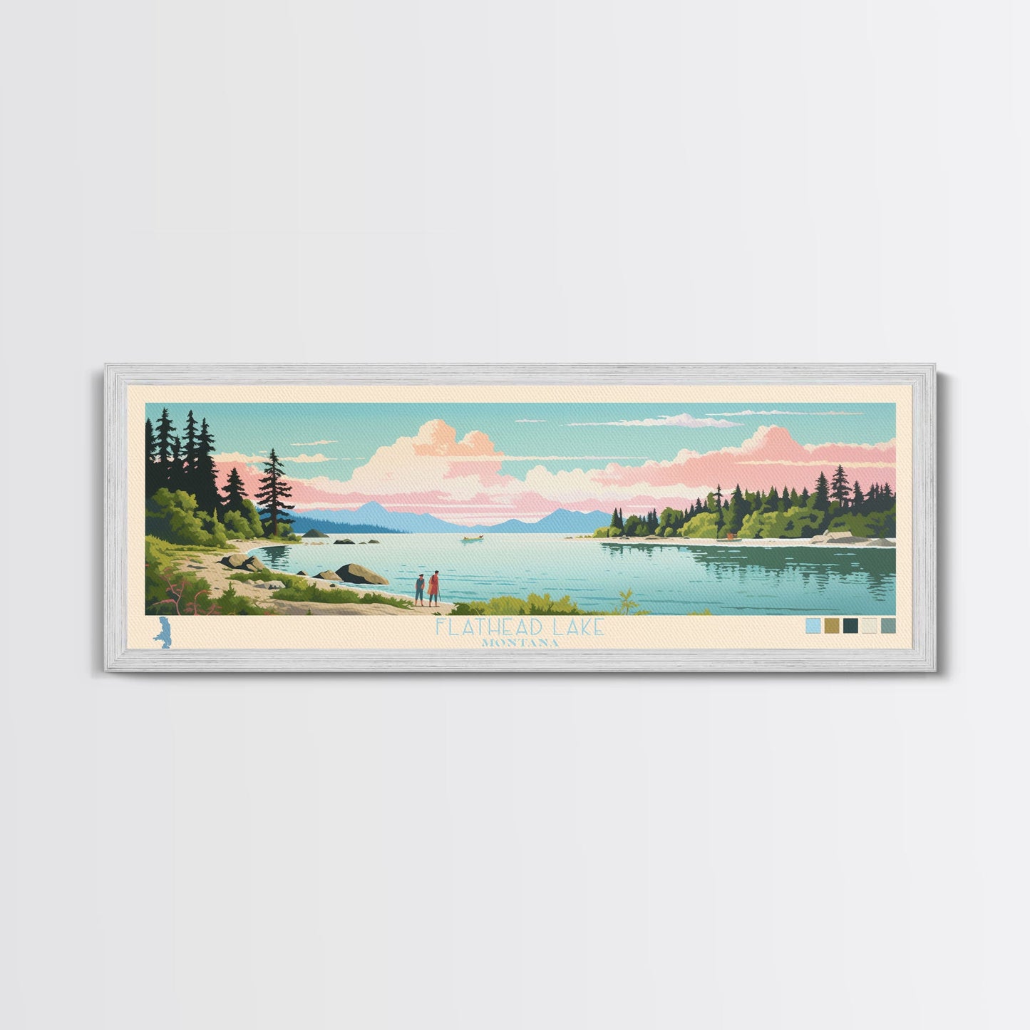 Flathead Lake Montana Framed Canvas Print, Panoramic Art, Midcentury Modern, Pop Art, Living Room Wall Art, Travel Poster, Lake View, Home Decor