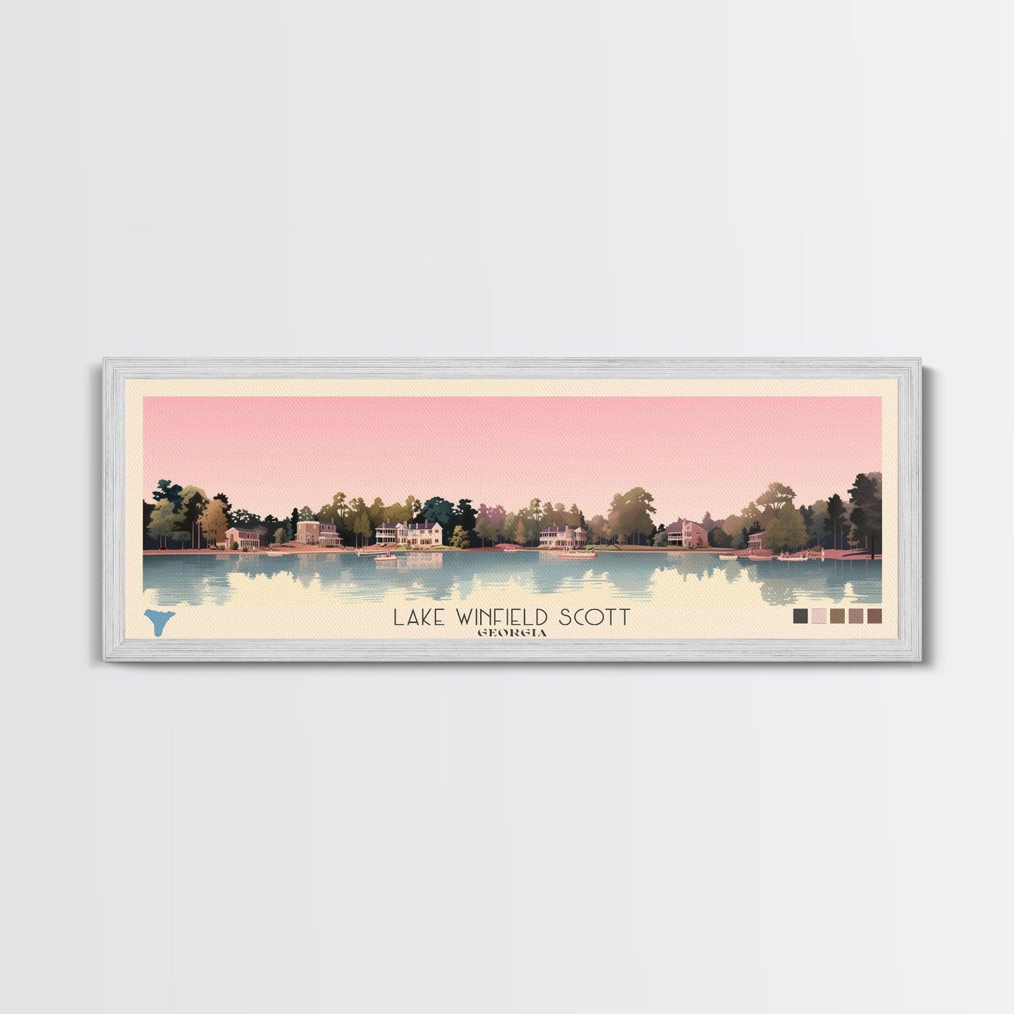 Lake Winfield Scott, Georgia Panoramic Wall Art Framed Canvas Print, Midcentury Modern, Pop Art, Home Decor, Travel Poster, Living Room Art