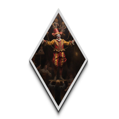 "The Hollow Ringleader" Diamond Shaped Art of Marionette Clown Canvas Embossed Print, Gothic Halloween Carnival Decor in Dark Circus Style