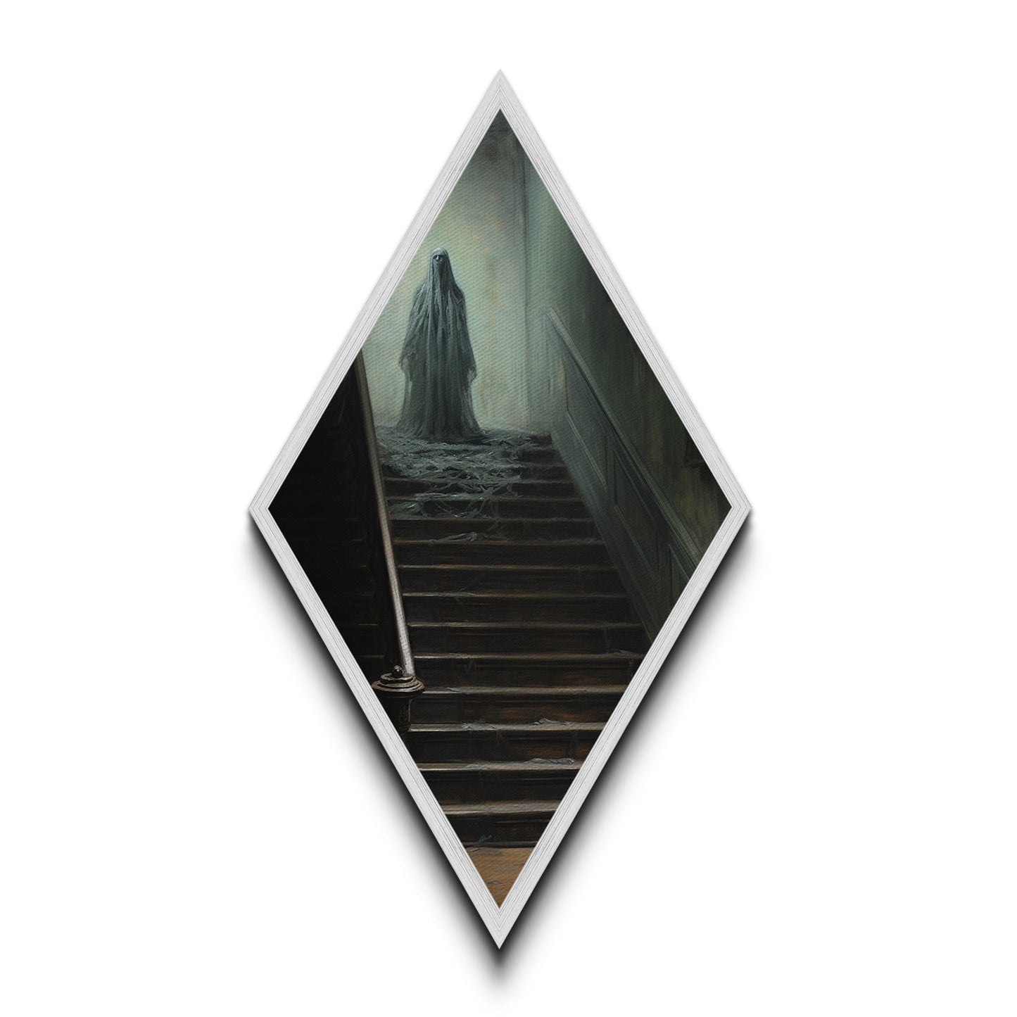 "The Waiting Cold" Haunted Stairwell Ghost Canvas Embossed Print, Diamond Shaped Art for Dark Academia Halloween or Gothic Paranormal Decor