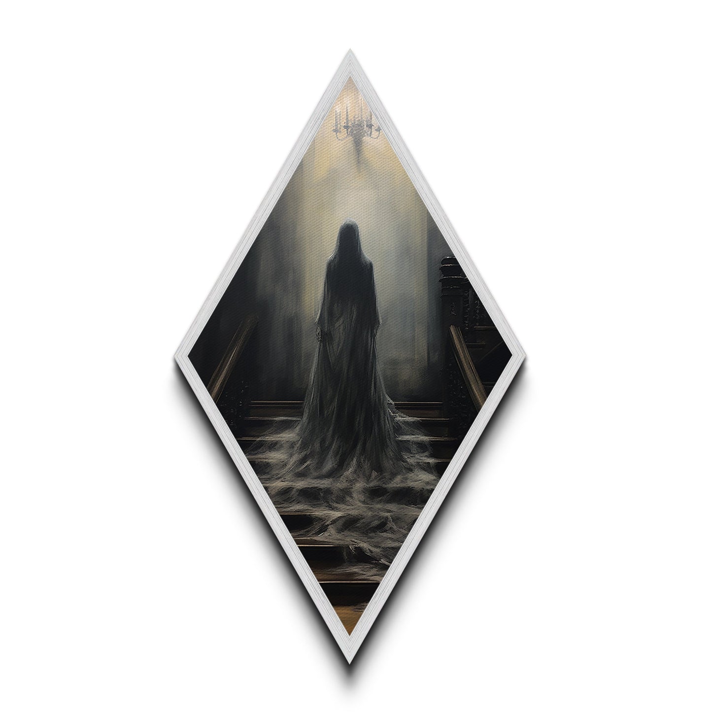 "Chandelier of Silence" Canvas Embossed Print of Spectral Figure Below Light, Diamond Shaped Art for Gothic Paranormal or Halloween Decor