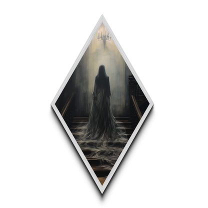 "Chandelier of Silence" Canvas Embossed Print of Spectral Figure Below Light, Diamond Shaped Art for Gothic Paranormal or Halloween Decor