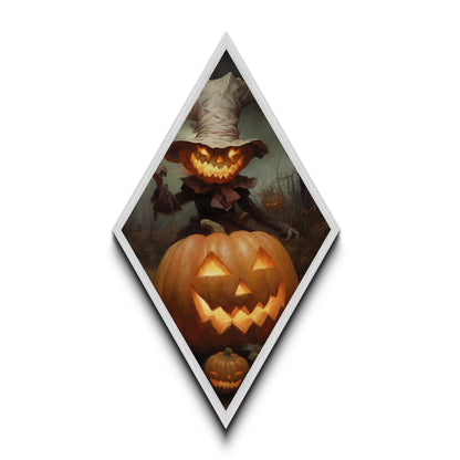 Pumpkin-headed scarecrow with eerie smile Canvas Art Print perfect for Halloween horror decor in Diamond Shaped Art style