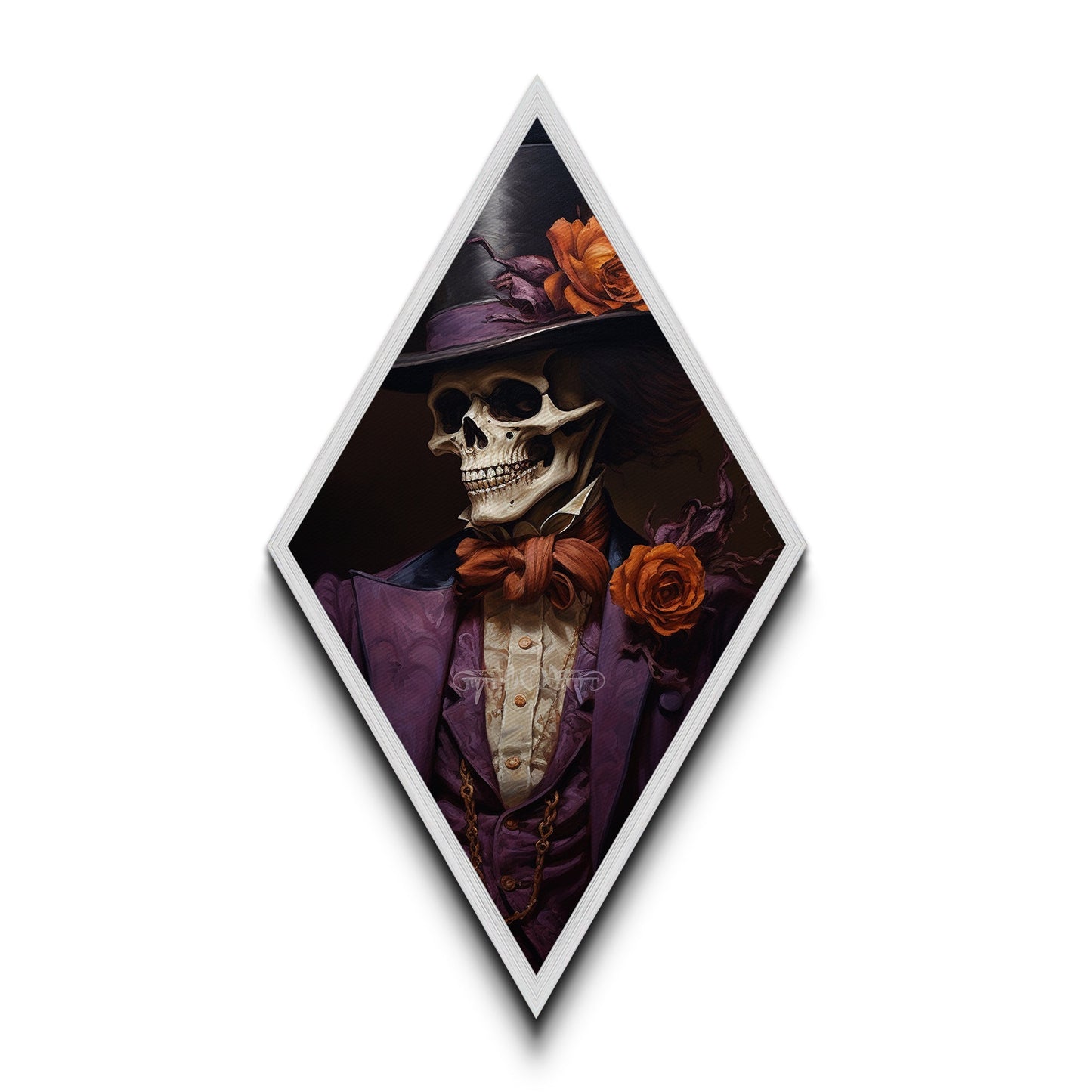 Skeleton in Purple Suit with Roses Diamond Shaped Art Canvas Art Print Romantic Gothic Halloween Dark Dandy Wall Decor