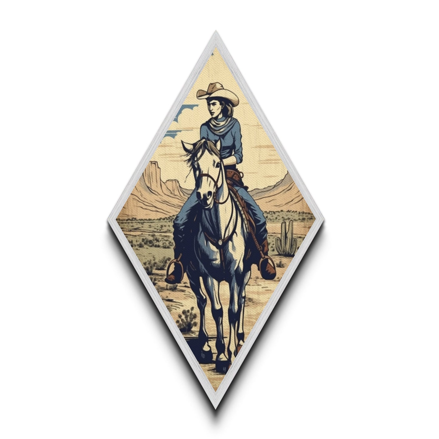 Cactus Cowgirl Ride Diamond Shaped Vintage Western Scene Canvas Textured Print Southwestern Wall Art Country Equestrian Gift
