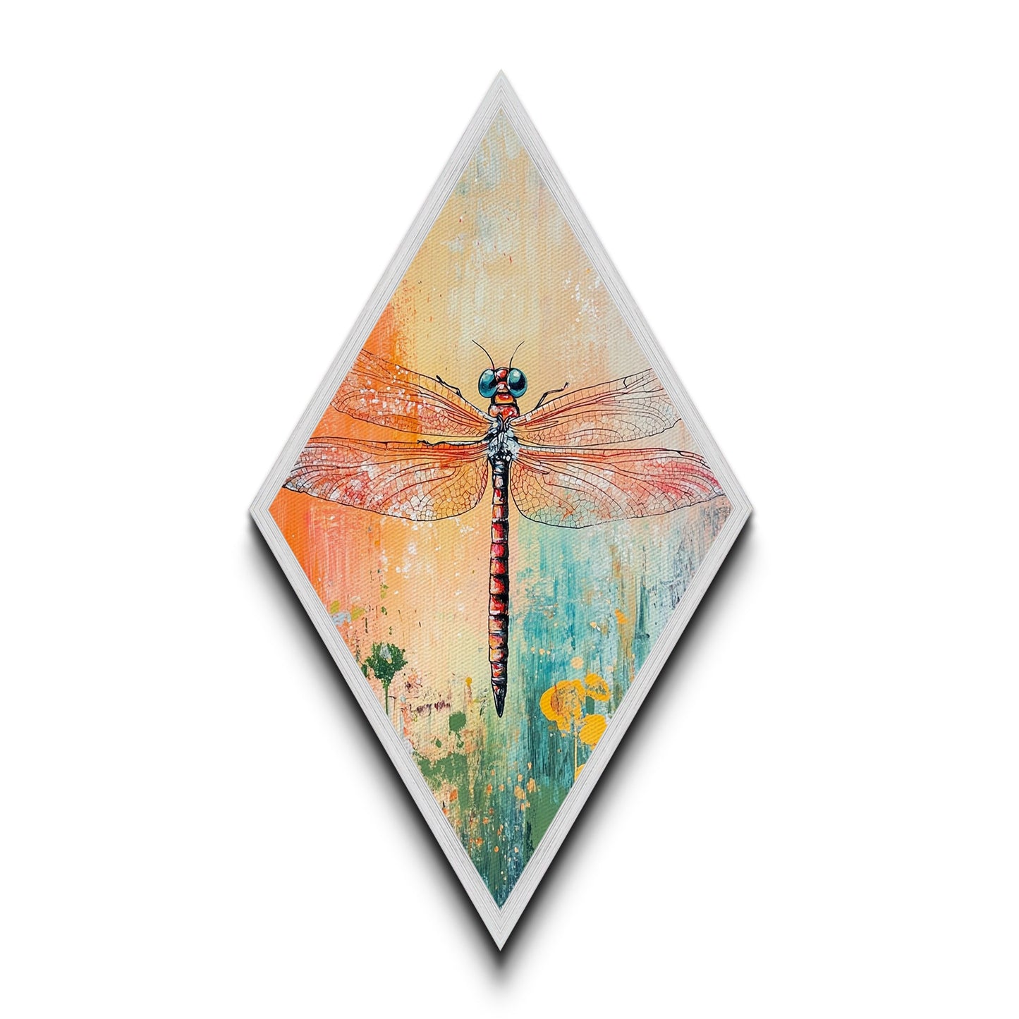 Colorful Dragonfly Closeup Diamond Shaped Canvas Textured Print, Boho Insect Wall Art, Nature Illustration, Bug Lover Gift Idea