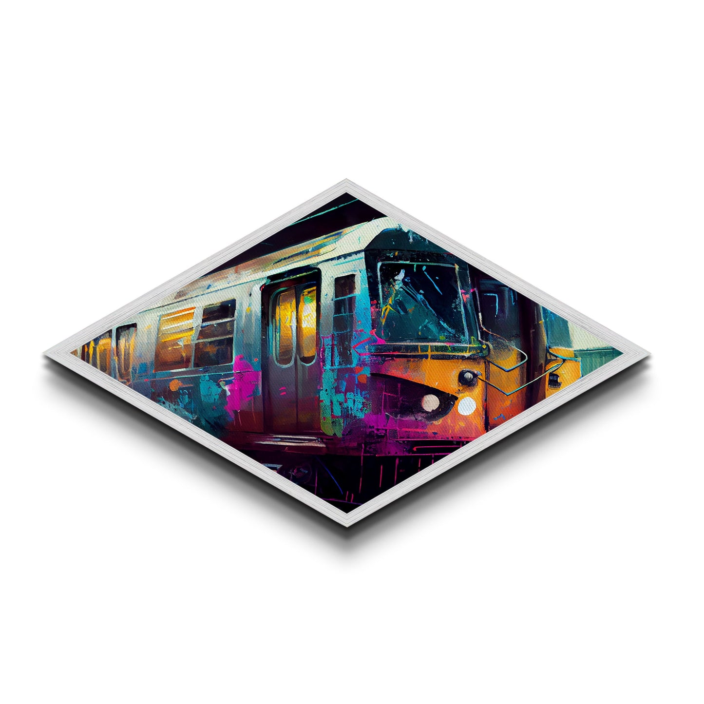 Color Splashed Metro – Diamond Shaped Street Art Subway Canvas Embossed Print, Vibrant Urban Train Graffiti Home Accent