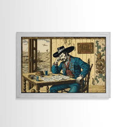 Japanese Cowboy, Wild West Samurai Mashup Art, Framed Canvas Print, Wild Western Decor, Home Art, Living Room Decor