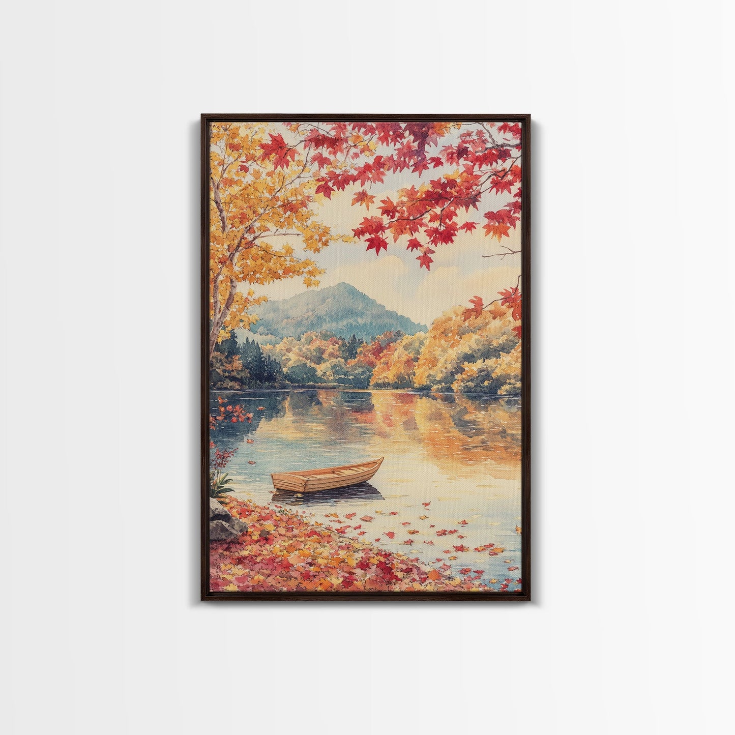 Canoe On A Serene Fall Lake, Framed Canvas Print, Autumn Decor, Fall Wall Art, Fall Poster, Autumn Prints Wall Art