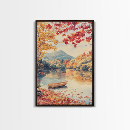Canoe On A Serene Fall Lake, Framed Canvas Print, Autumn Decor, Fall Wall Art, Fall Poster, Autumn Prints Wall Art