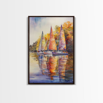 Colorful Sailboats Reflected On Water Framed Canvas Print Fall Nautical Wall Art Coastal Decor Best Gift Idea Holiday Wall Art