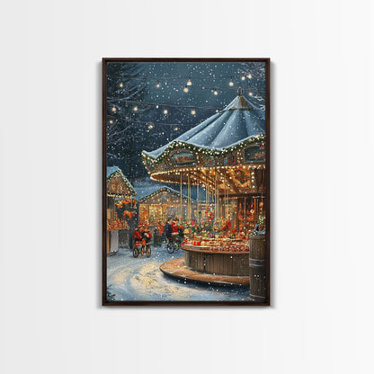 Christmas Carousel at a Snowy Night Market with Festive Lights and Ornaments, Framed Canvas Print for Christmas Wall Decor