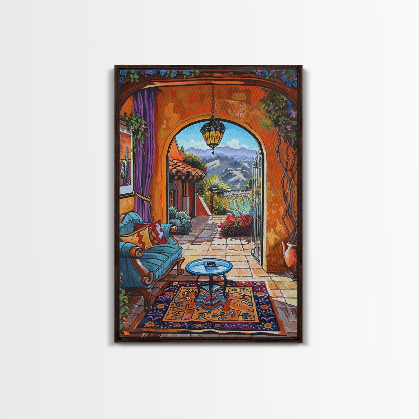 Cozy Southwestern Patio Framed Canvas Print Colorful Courtyard Best Gift Idea Home Decor Bright Seasonal Art Above Sofa Wall Art