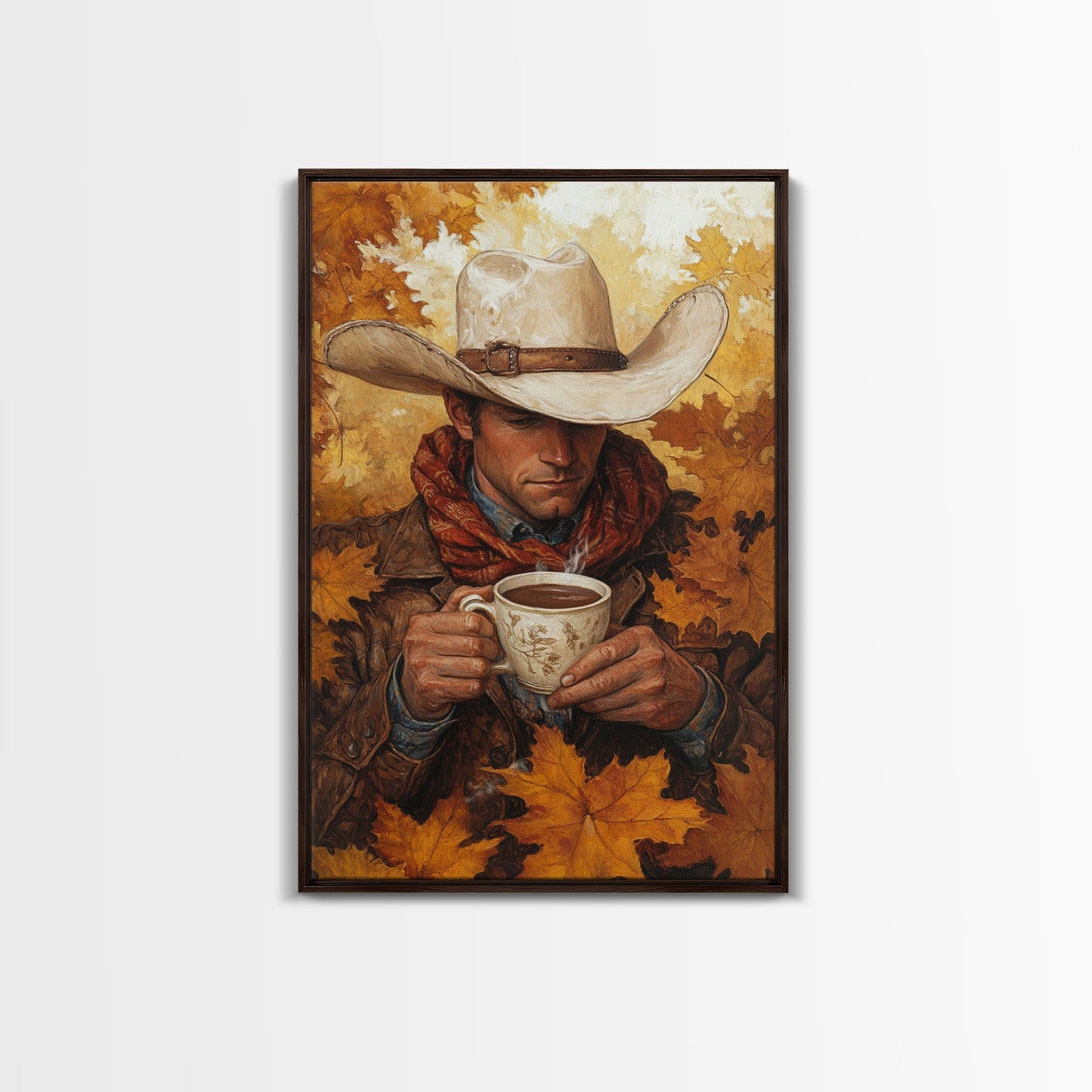 Cowboy Holding Hot Drink Framed Canvas Print - Moody Winter Landscape Art Perfect 2024 Christmas Wall Decor