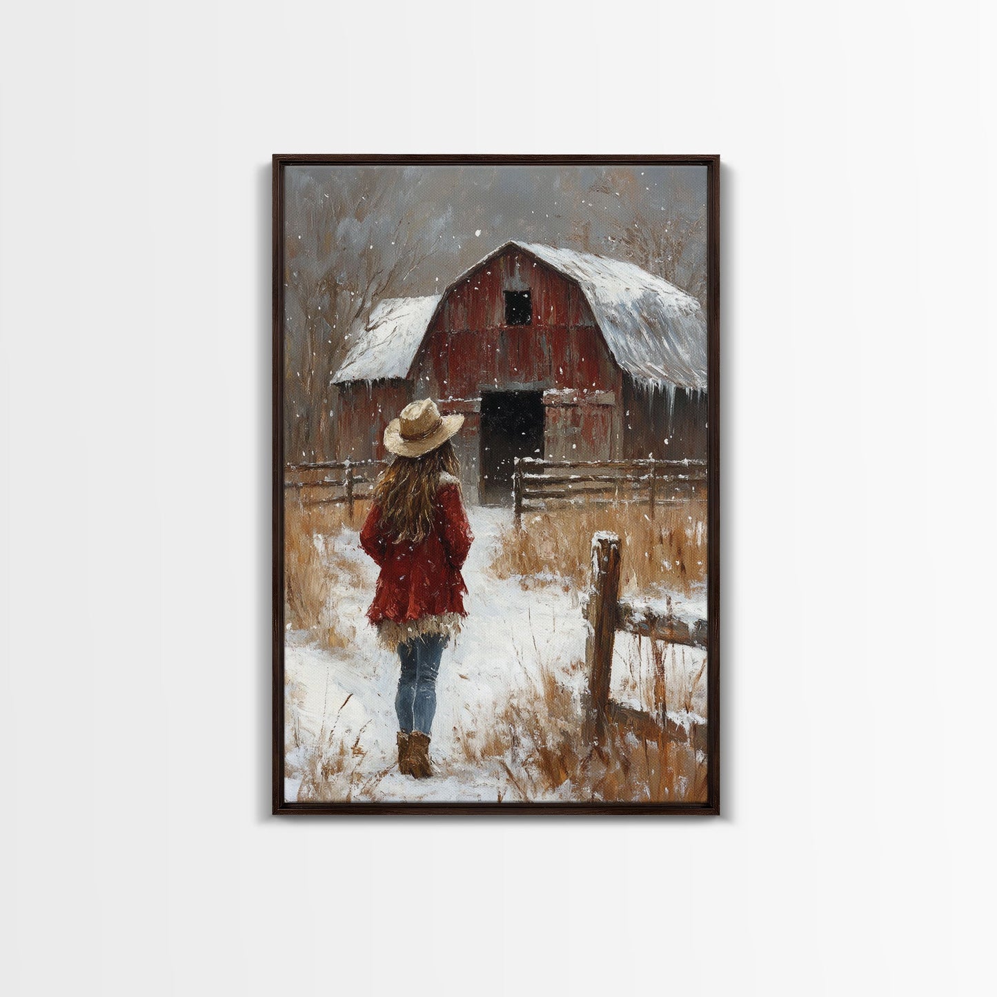 Country Girl with Falling Leaves Canvas Print, Autumn Wall Art, Farmhouse Holiday Decor, Fall Decor, Trendy Wall Art, Framed Canvas Print