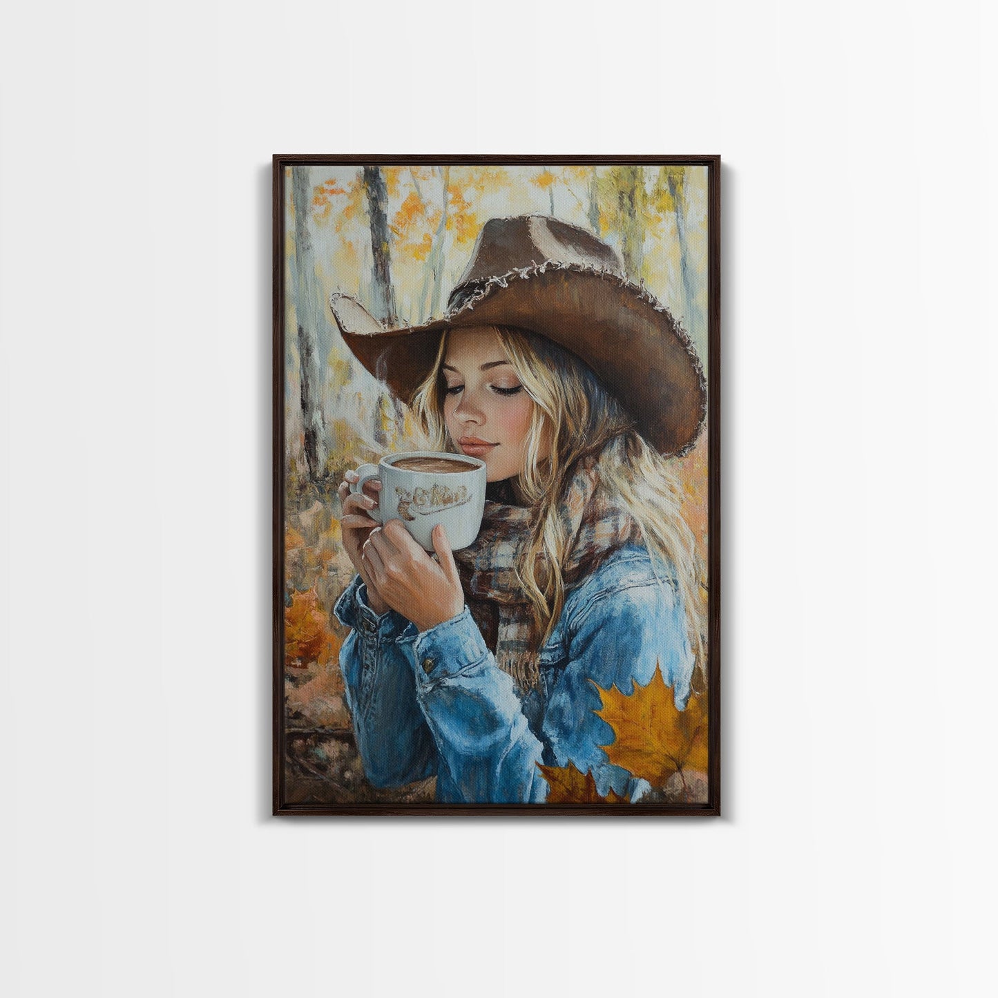 Fall-themed farmhouse framed canvas print a woman with coffee amidst autumn leaves ideal harvest home decor or seasonal wall art gift idea