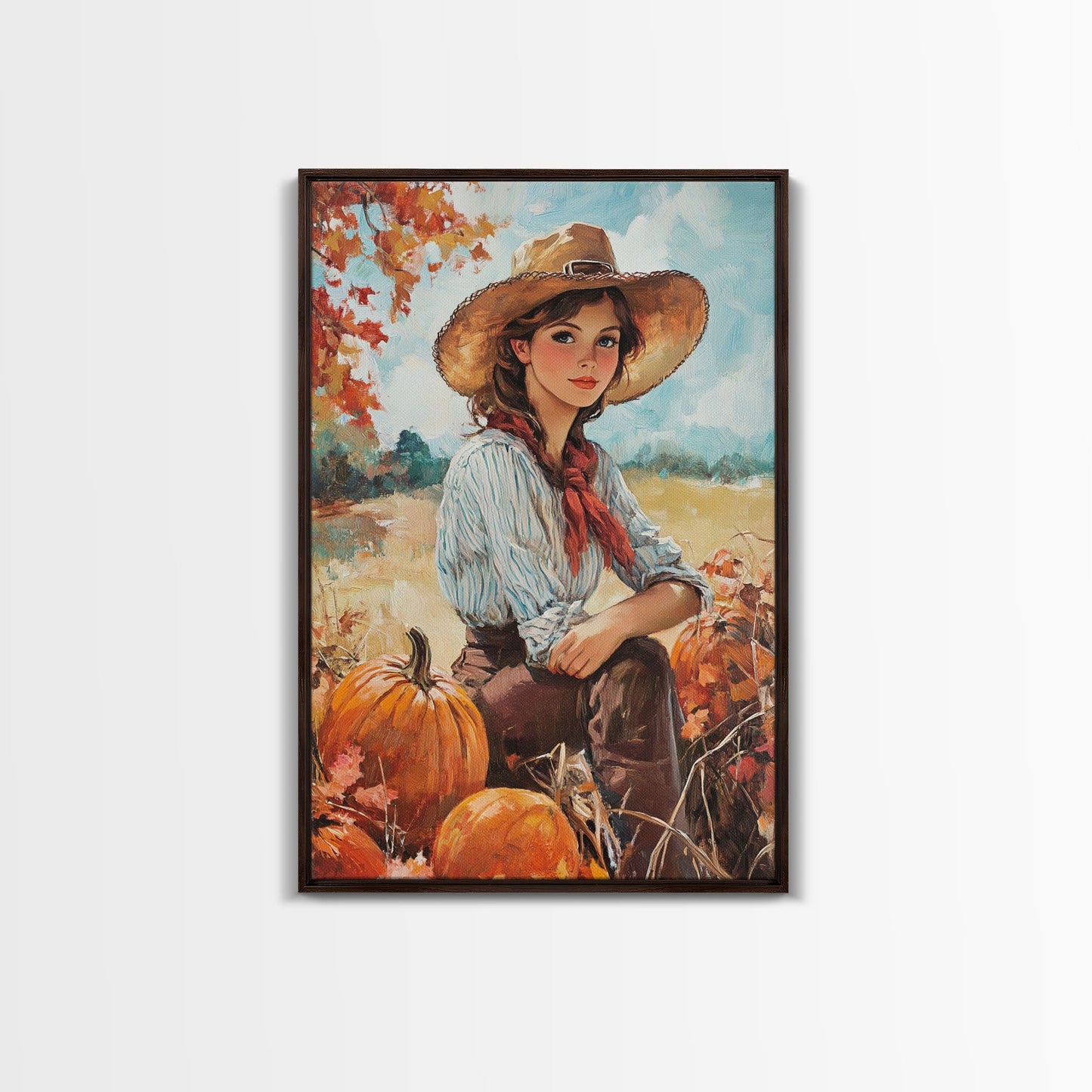 Country fall harvest framed canvas print pumpkins and a serene autumn landscape perfect seasonal wall art for rustic farmhouse home decor