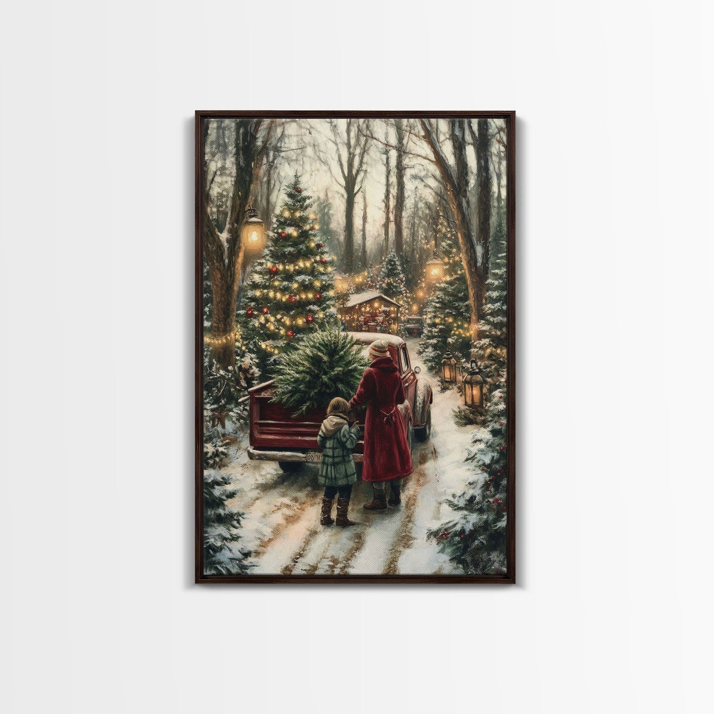 Rustic Christmas Tree Farm with Red Truck in Snowy Forest, Ideal Farmhouse Christmas Decor for Holiday Wall Art, Framed Canvas Print