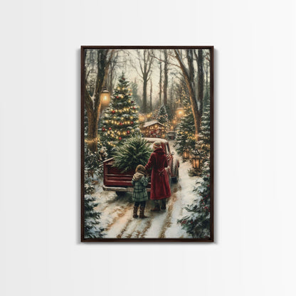 Rustic Christmas Tree Farm with Red Truck in Snowy Forest, Ideal Farmhouse Christmas Decor for Holiday Wall Art, Framed Canvas Print