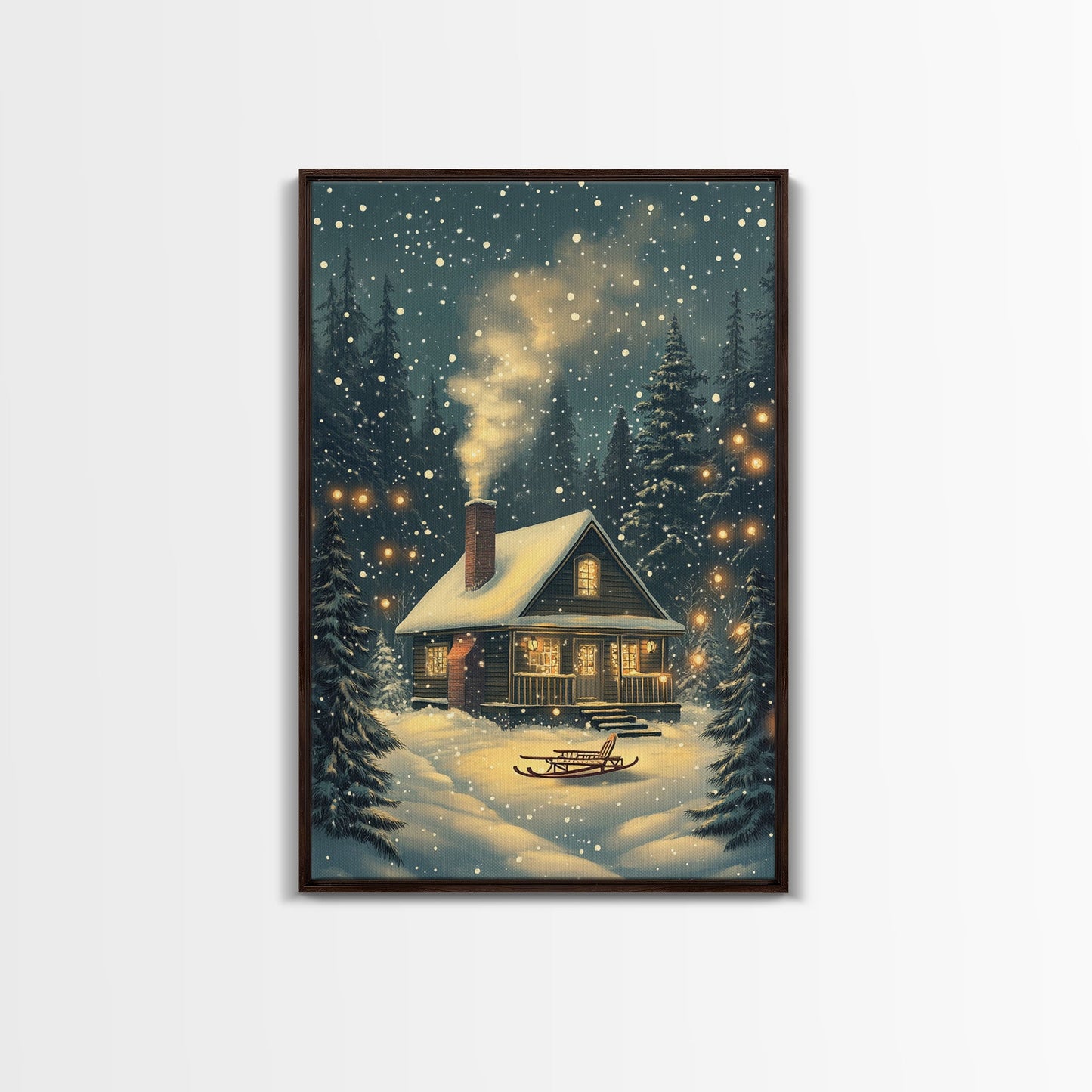 Cozy Cabin in Snowy Winter Forest, Warm Christmas Lights and Peaceful Holiday Scene, Perfect for Winter Wall Art, Framed Canvas Print