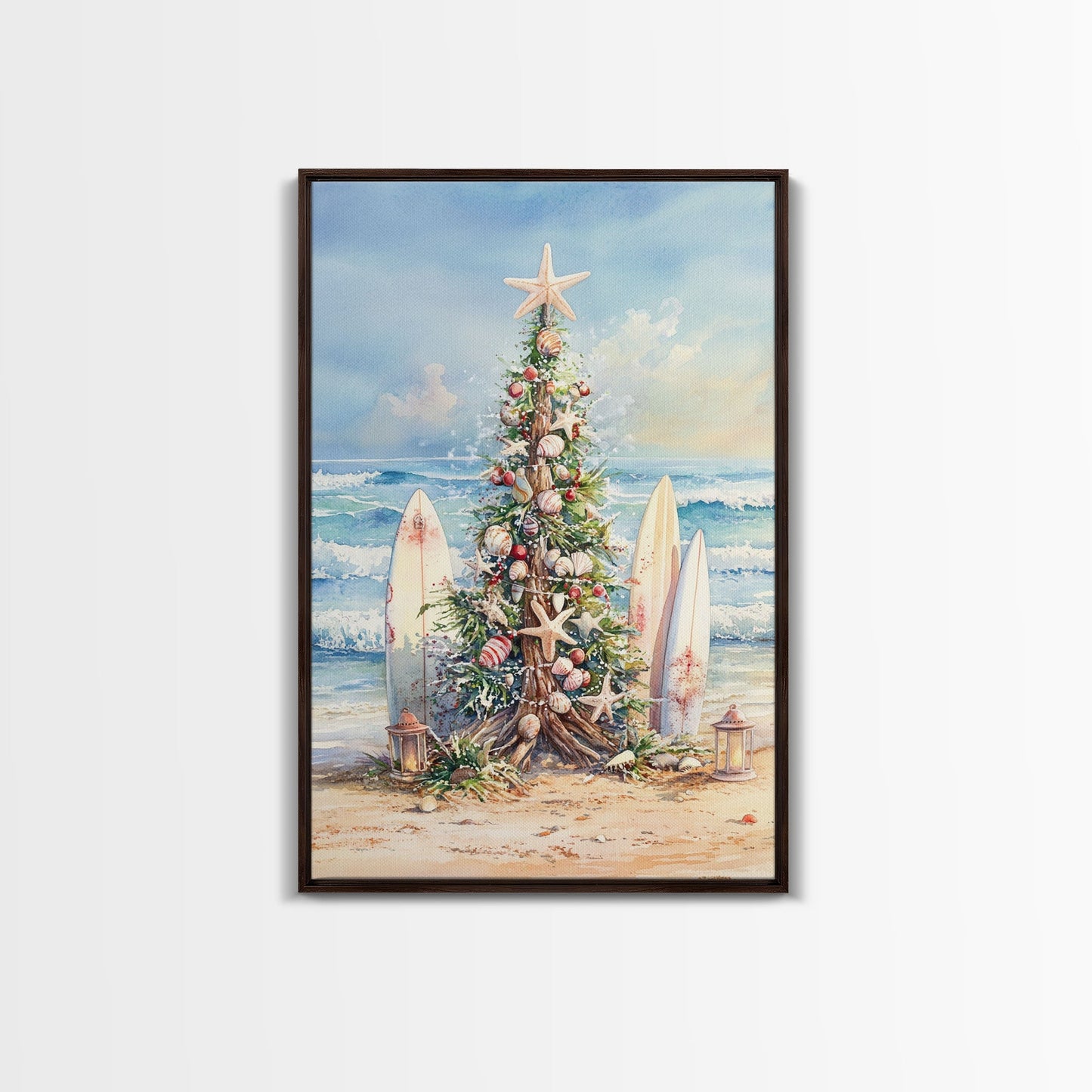 Coastal Christmas tree with surfboards at the beach Framed Canvas Print, tropical holiday wall art beach Christmas decor Christmas prints