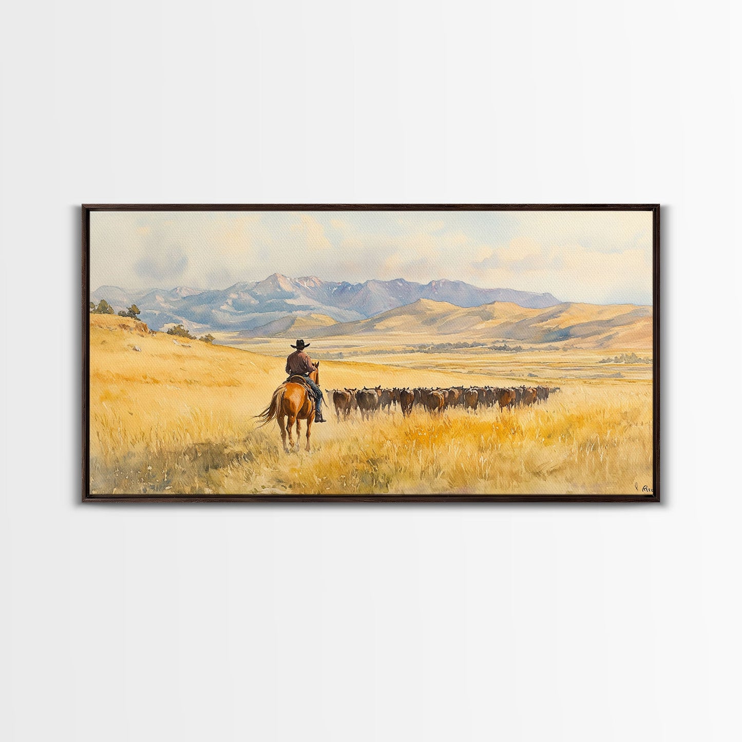 Cowboy On Snowy Path Framed Canvas Print Tall Art Winter Wonderland Western Christmas Decor Rustic Winter Wall Art Gift Cowboy Holiday Gift