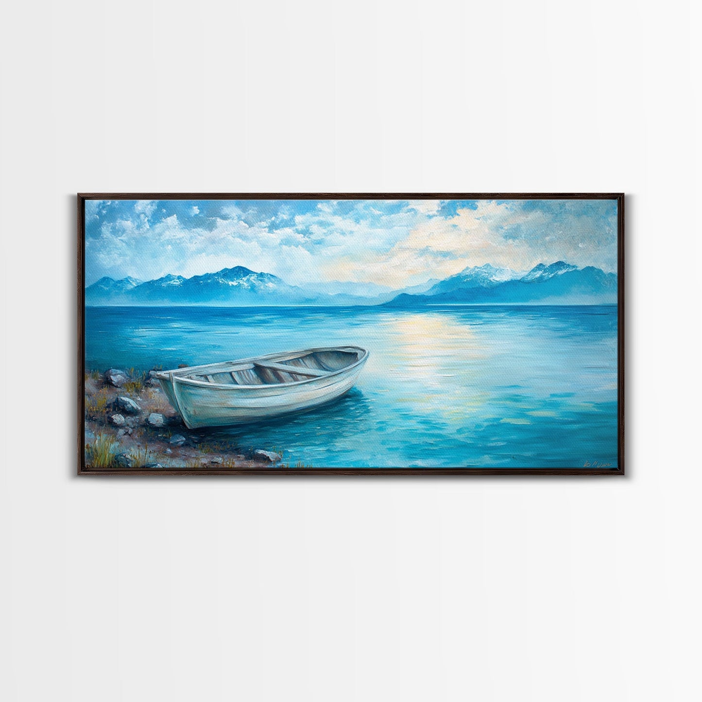 Boat on Tranquil Lake Canvas Print Coastal Landscape Art Nautical Wall Art Rustic Decor Above Sofa Artwork Bedroom Art Original Painting